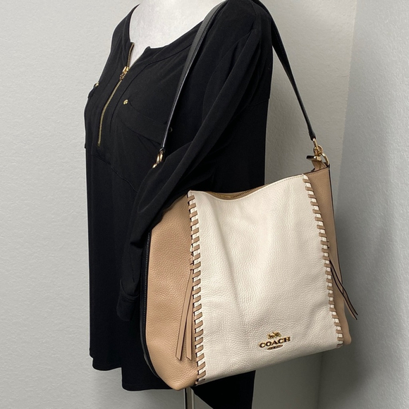 Coach Marlon Hobo Shoulder Bag Colorblock Whipstitch Tan & Cream Leather #91156 - Picture 4 of 12